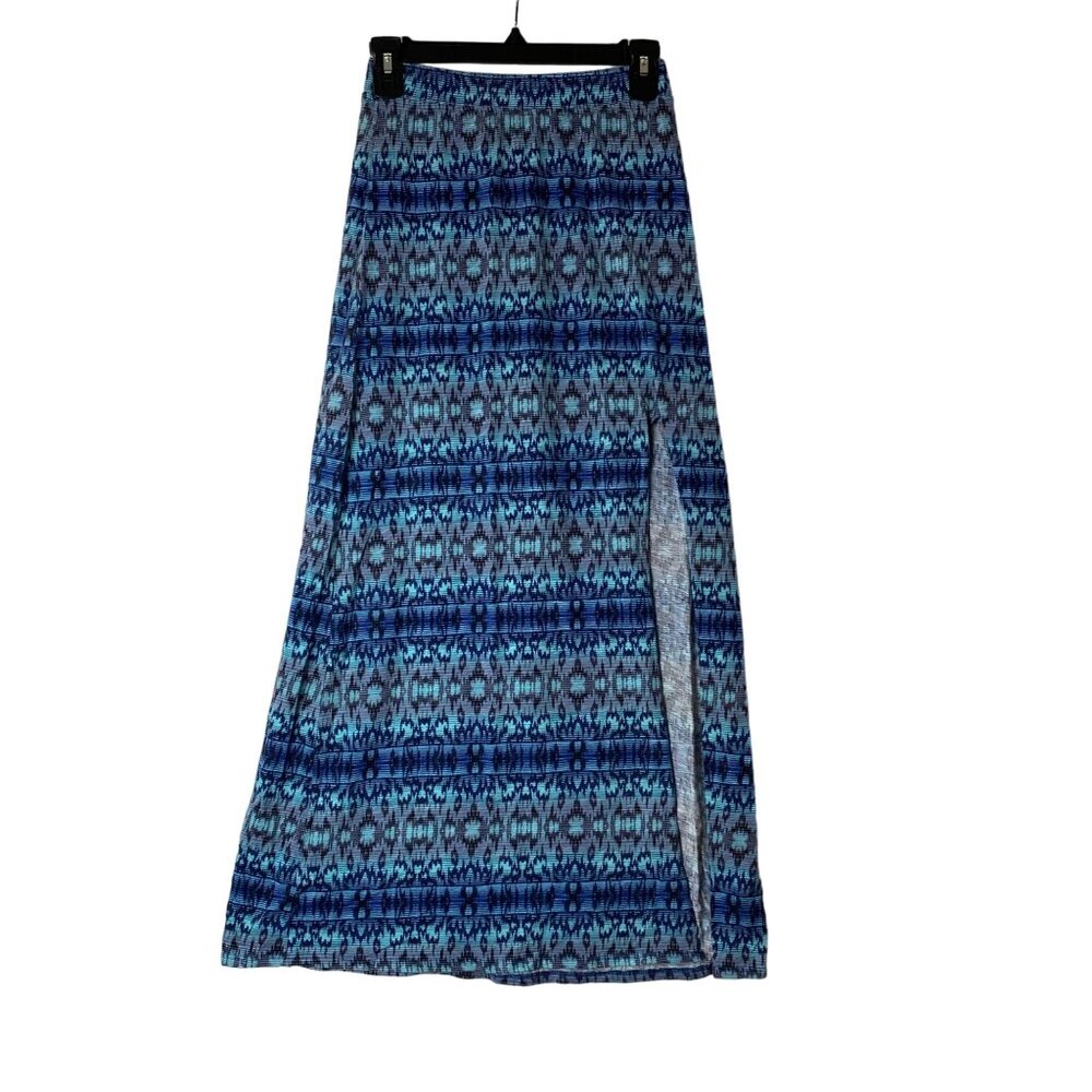 American Eagle Women Size XS Tribal Boho Cotton Blend High Slit Blue Maxi Skirt